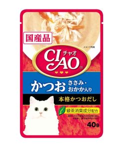 CIAO Cat Treat Creamy Soup Pouch Tuna Katsuo and Chicken Fillet Topping Dried Bonito 40gr