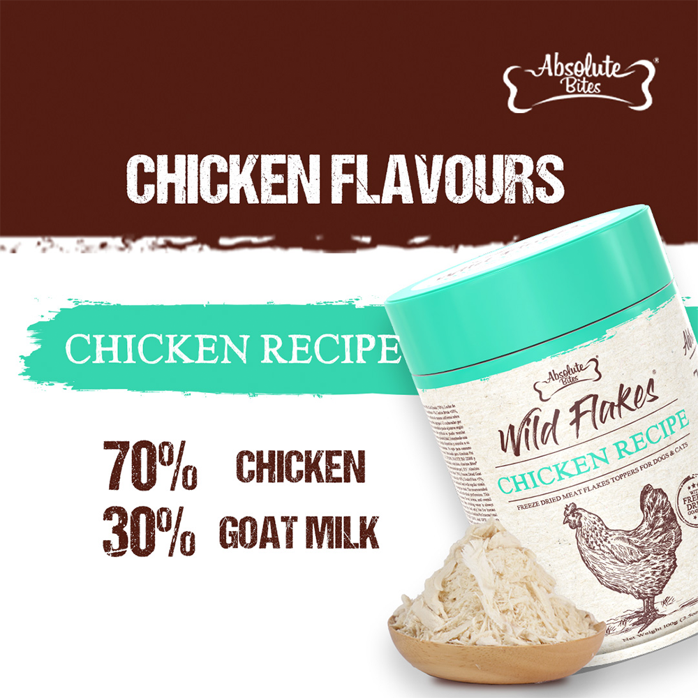 Absolute Bites Freeze Dried Wild Flakes Toppers for Cats and Dogs - Chicken with Goat Milk Recipe 100g-02