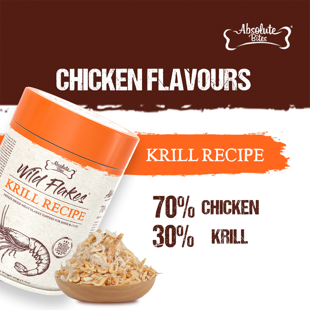 Absolute Bites Freeze Dried Wild Flakes Toppers for Cats and Dogs - Krill with Chicken Recipe 100g-02
